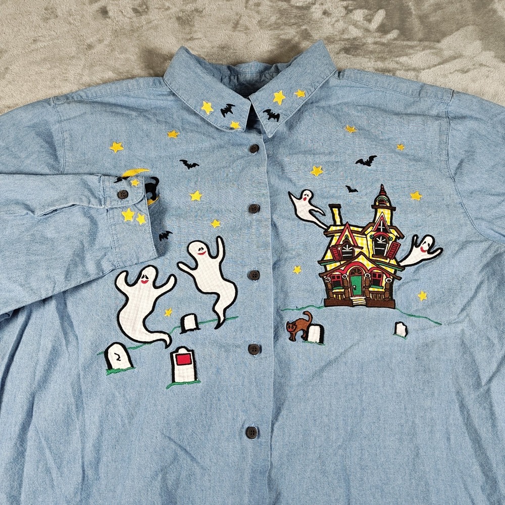 Vintage Karen Scott Shirt Women 3XL Halloween Ghost Button Up Haunted House Bats